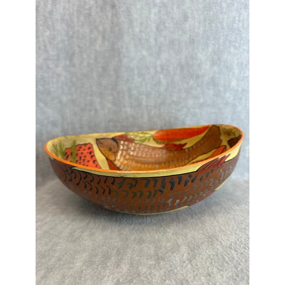 VTG Handcrafted Folk Art Bowl Calabash Gourd Fish and Carrot Primitive Design - Picture 2 of 8